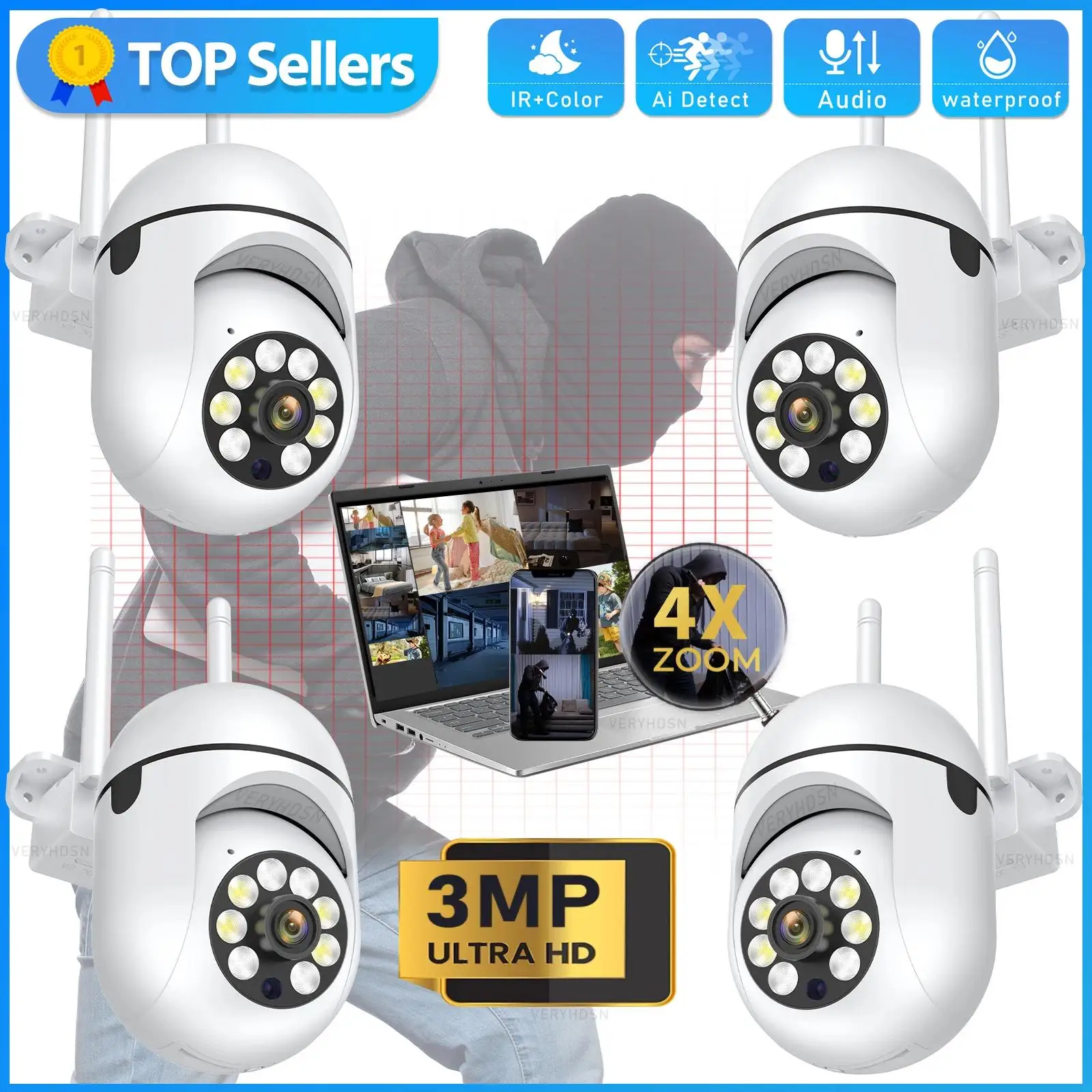 

3MP Outdoor Waterproof Cameras Wifi 1/2/4PCS Surveillance Security Camera 4.0X Zoom External Wireless Monitor Track Night Vision