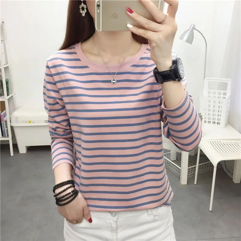 New Simplicity Long Sleeve Pullovers Spring Autumn O-neck Tops Striped Women Clothing Printing Ladies Undercoat Casual T-Shirts