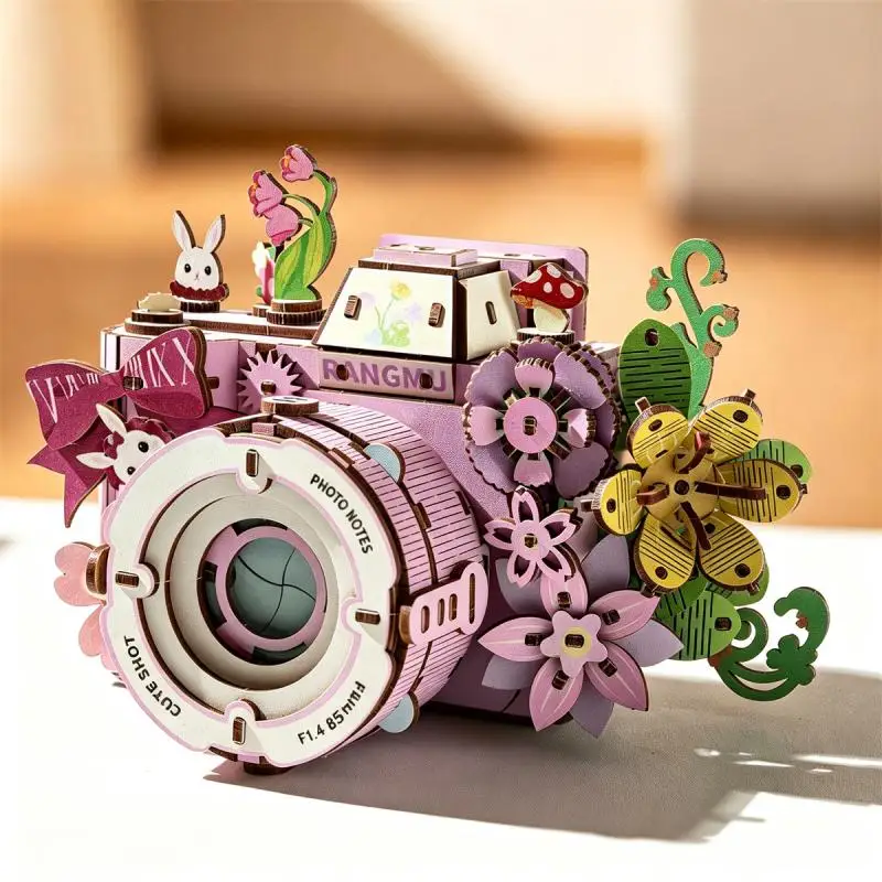 DIY Wooden Camera 3D Puzzle Model Flower Decor Assemble Craft Kit Ins Style Desktop Ornament Toy Holiday Birthday Gift for Teens