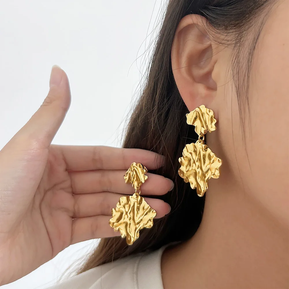 DIY accessories New Hammer Folded Leaf Earrings Stainless Steel Gold Plated Premium Earrings  Xiaoxiangfeng Personality Earrings