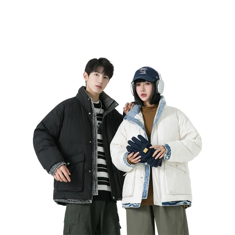 2023 Winter men's down jacket Hong Kong style casual white duck  denim patchwork trendy brand fake two-piece  