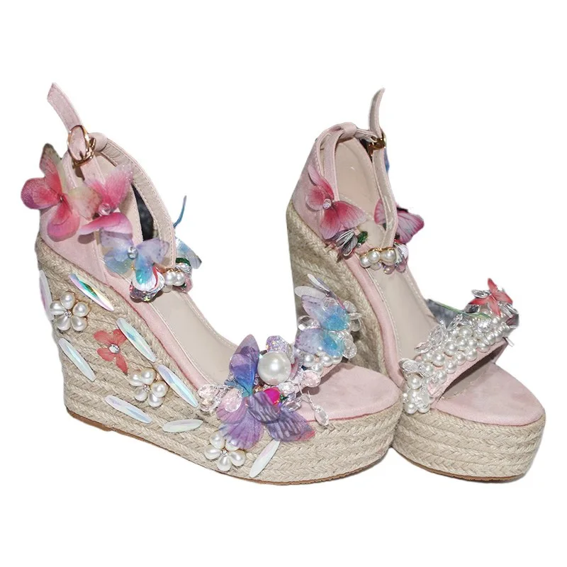 

Beauty Butterfly Flower Crystal Pearl Rope Braided Wedge Heels Sandals Woman Platform Peep Toe Beach Sandalias Shoes