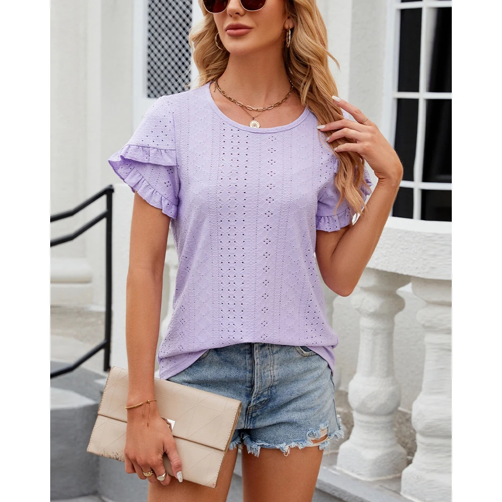 Kobiety z okrągłym dekoltem falbany krótki rękaw wydrążony letni Top bluzka Femme Casual T Shirt y2k eleganckie bluzki dla kobiet moda