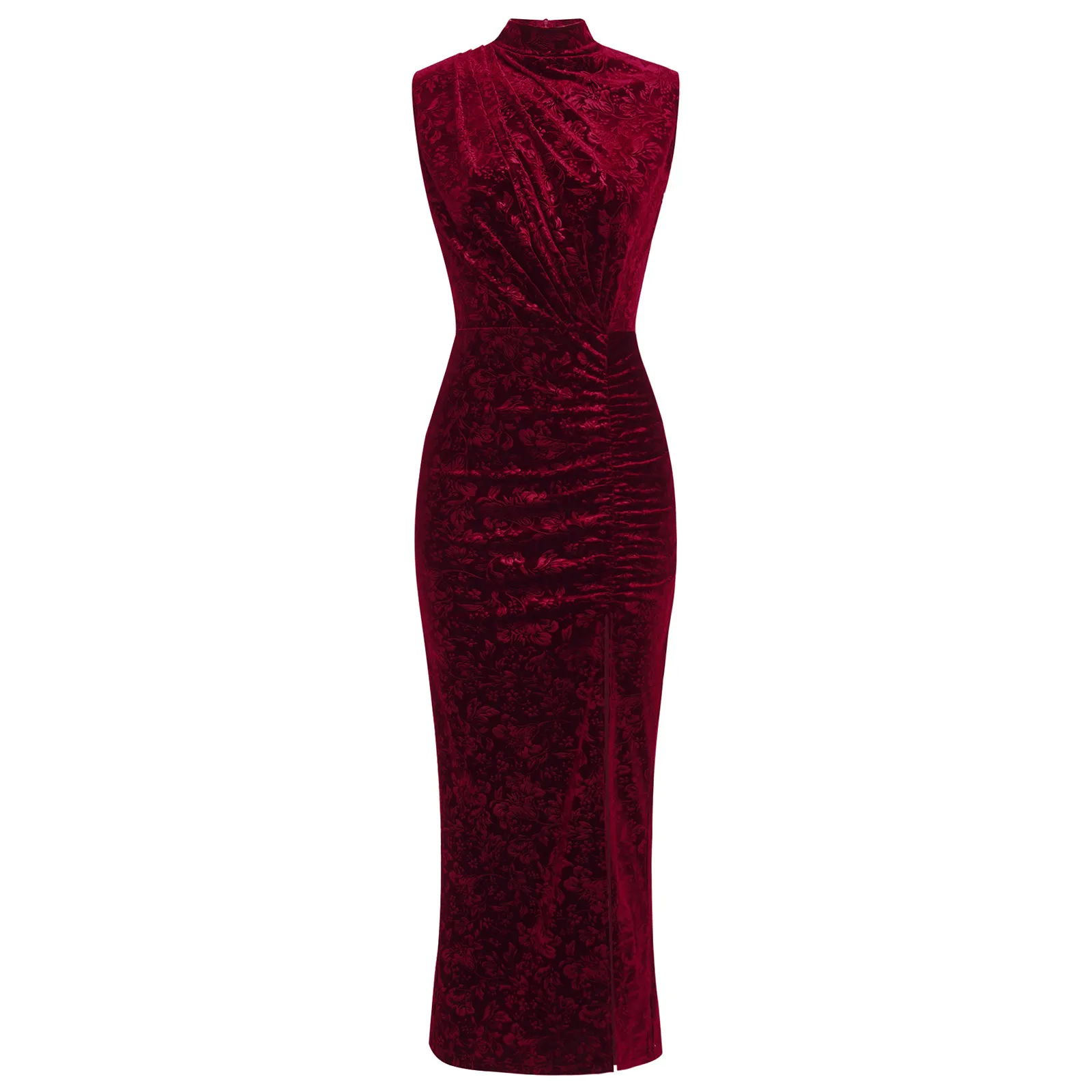 Cheongsam con dobladillo dividido, vestido elegante ajustado para mujer, Vestidos de terciopelo Jacquard, Vestidos florales sin mangas para mujer, vestido de noche Formal