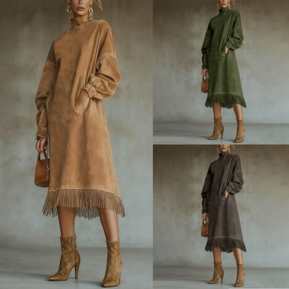 

2026 New Retro High Neck Long Sleeve Suede Velvet Loose Pocket Fringe Dress Women Multiple Colors Available