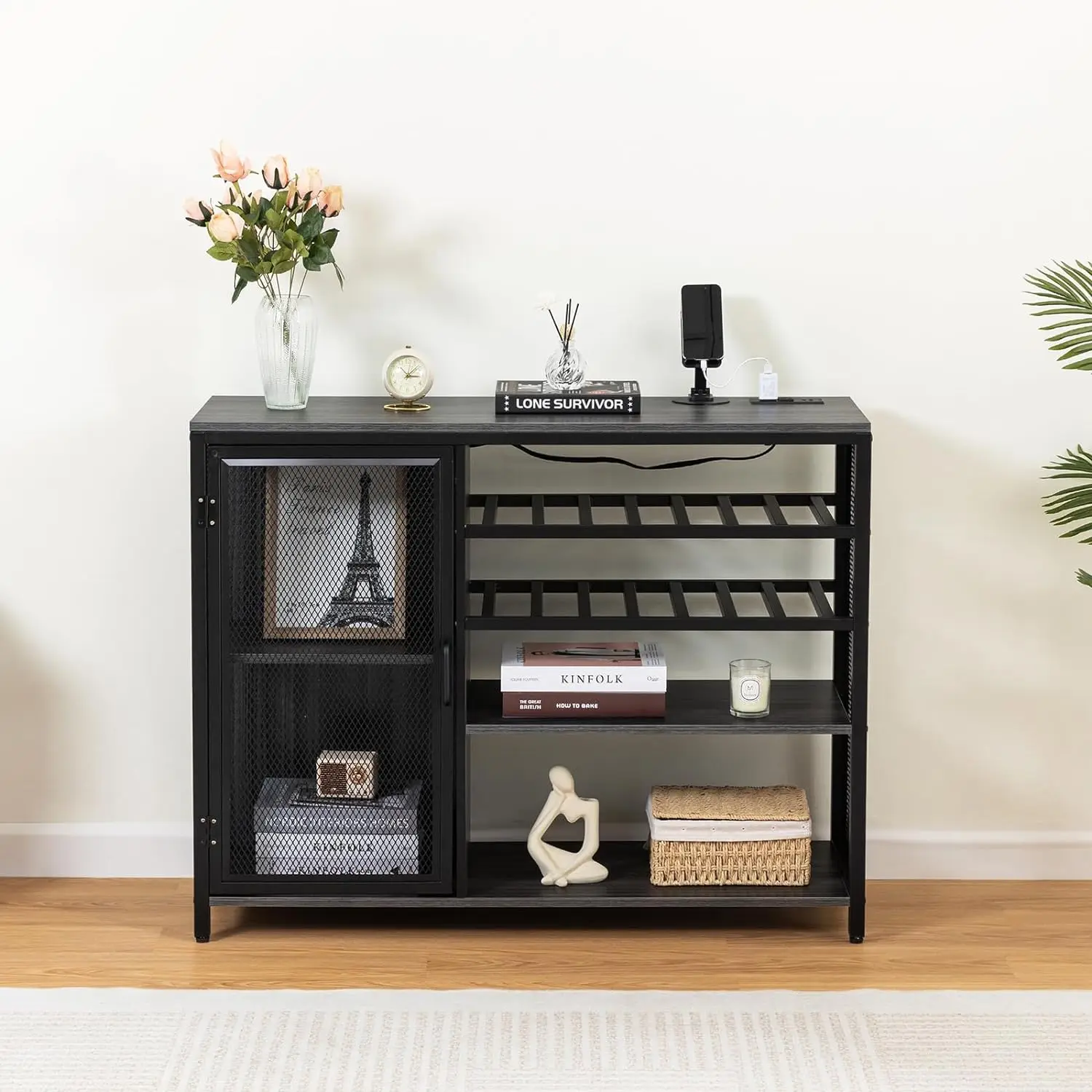 

Wine Bar Cabinet, Liquor Coffee Storage Credenza, Sideboard with Wine Racks and Stemware Holder, Metal Bracket