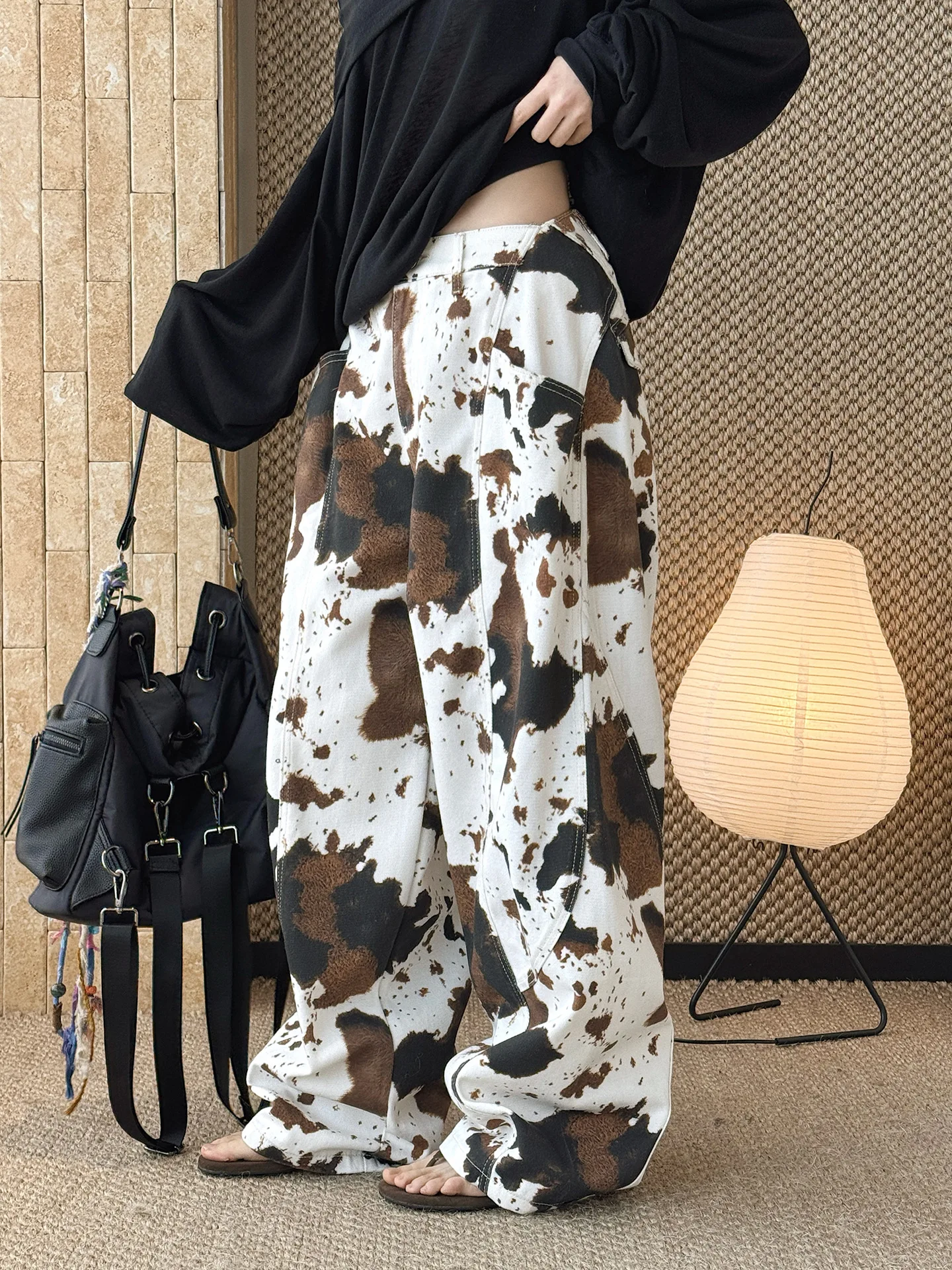 Women's High-Waist Cow Print Wide-Leg Jeans