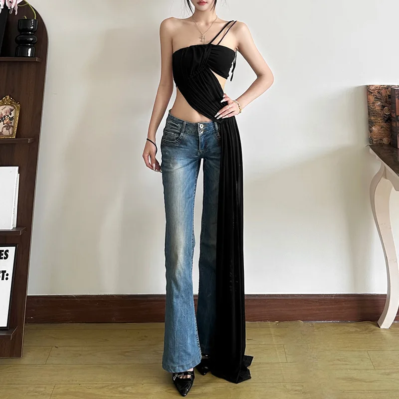 

Irregular Design X-Long Sling Vest Woman One Shoulder Lace-Up Backless Hot Girls High Street Wild Style Classic Clothing