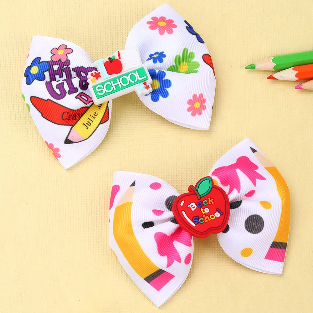 2PCS Sweet back to school hair bows clip For Girls Cute School Bus Hairpins Ribbon Print Pencil Barrettes Boutique Headwear