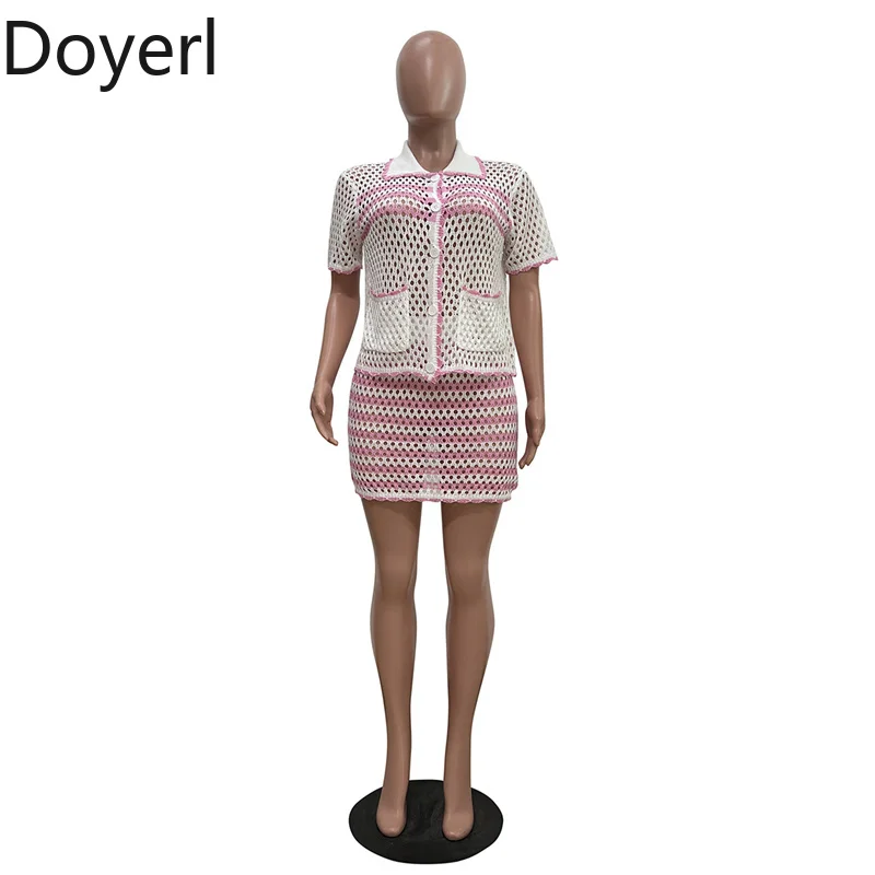 Doyerl Pakaian Wanita Set 2 Potong Berongga Rajutan Pakaian Pantai Liburan Atasan Tembus Pandang Bergaris dan Set Rok Ensemble Femme