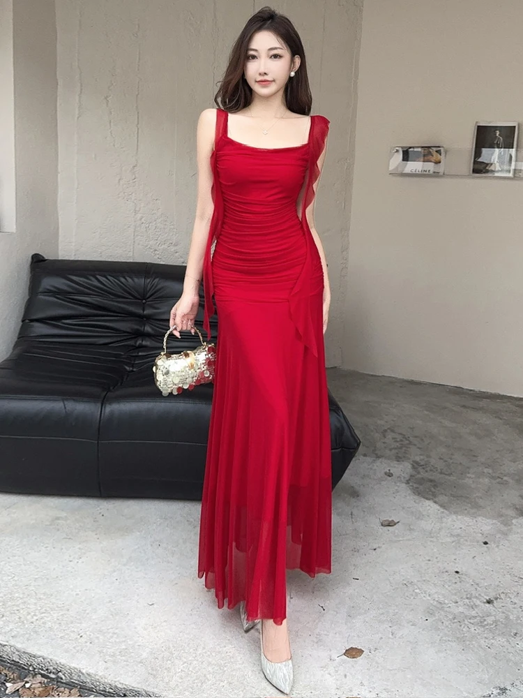 Elegancka damska zielona sukienka typu halter z siateczki, odkryte ramiona, zdobiona wstążkami, czarna suknia wieczorowa bez rękawów, na imprezę, studniówkę, vestidos, robe.