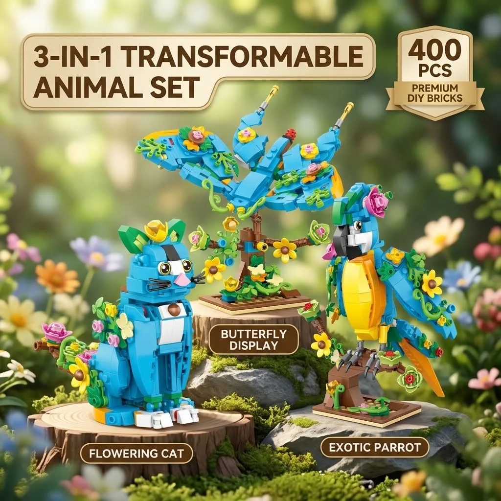 400PCS 3in1 Transformable Animal Building Blocks, Parrot Cat Butterfly Model, Creative Educational Toy, Gift for Boys Girls Kids