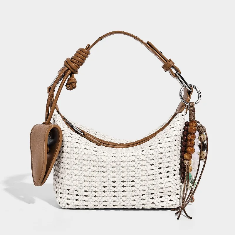 Bohemian Small hollow Bucket bags For Women Luxury Designer Handbag Purses 2026 New In PU Woven Beaded Charms Underarm Shoulder