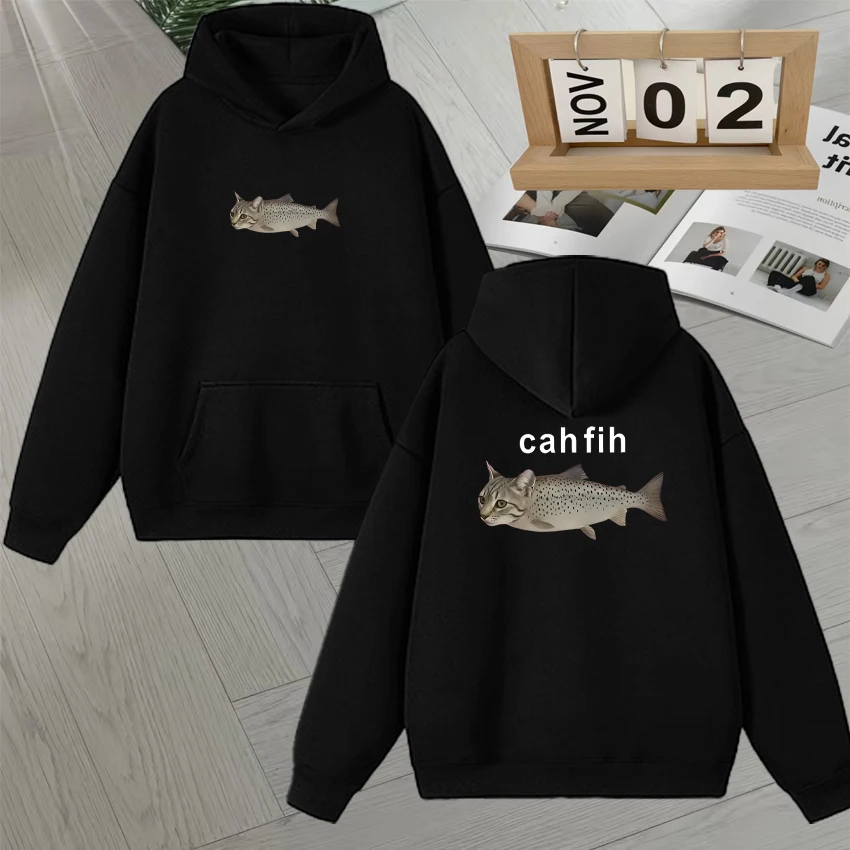 

Funny Mispelled Fish Meme Hoodie Cat and Fish Graphic Humor Style Sweatshirt Autumn Winter Long sleeve Men Women Fleece Pullover