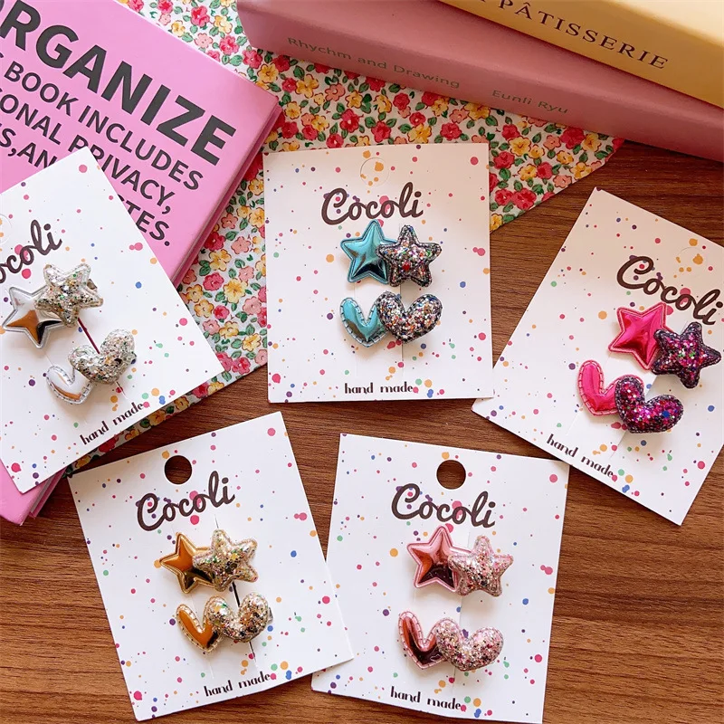 Glitter Alligator Clips for Girls Two Tone Star Heart Mini Small Snaps Non Slip 2 Pcs