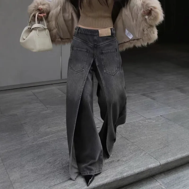 ANJY Autumn Winter New Women American Temperament Ins Reversible Jeans Y2K High Street Trendy Casual Wide-Leg Denim Pants A14721