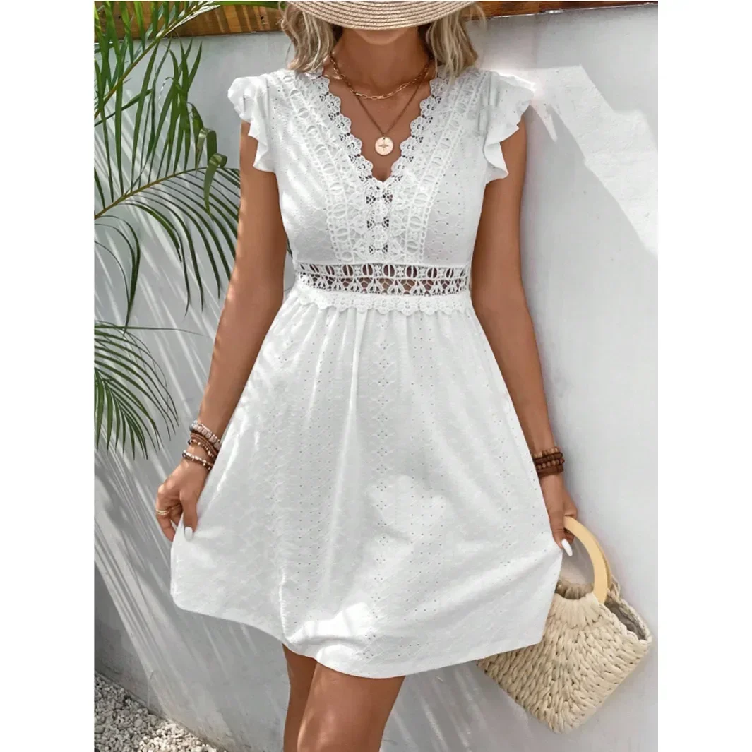 Women Summer New Knitted Jacquard Hollow Stretch See-through Lace Butterfly Short Sleeve High Waist Mini Dress V Neck