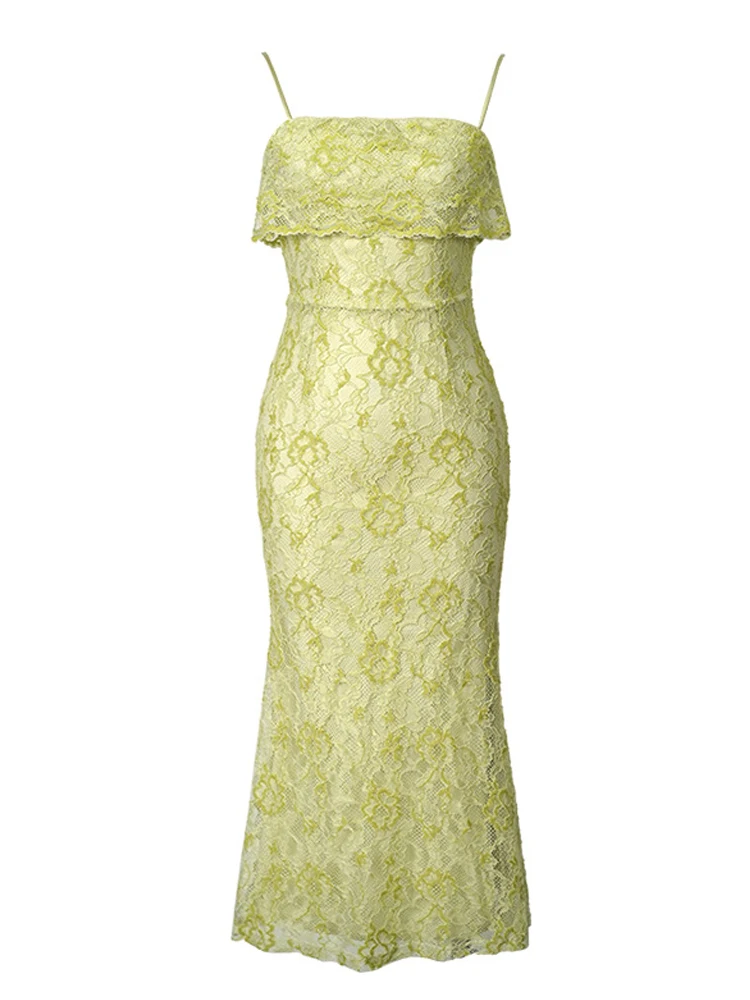 Women's Clothes Sweet Party Dress for Woman Elegant Vacation Green Lace Strap Ruffles Fishtail Robe Female Holiday Beach Vestido