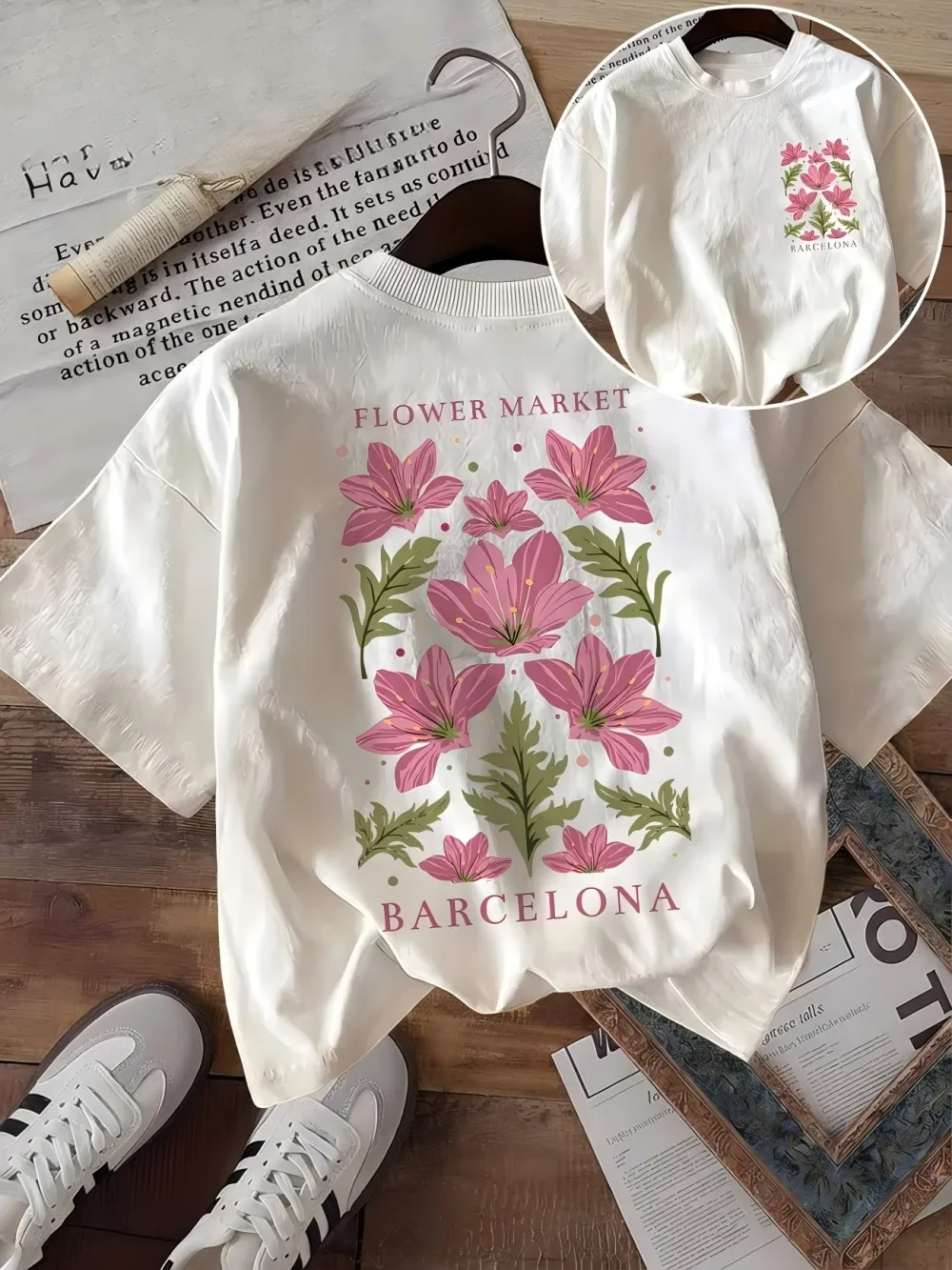 Camiseta gráfica del mercado de flores de Barcelona para mujer, camiseta con estampado floral botánico, camiseta informal de verano, Top estético Retro Harajuku