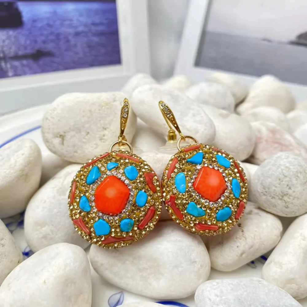 New Optimized Sea Bamboo Coral Women'S Earrings Inlaid With Rhinestones And Turquoise Handmade Exquisite Jewelry For Ladies