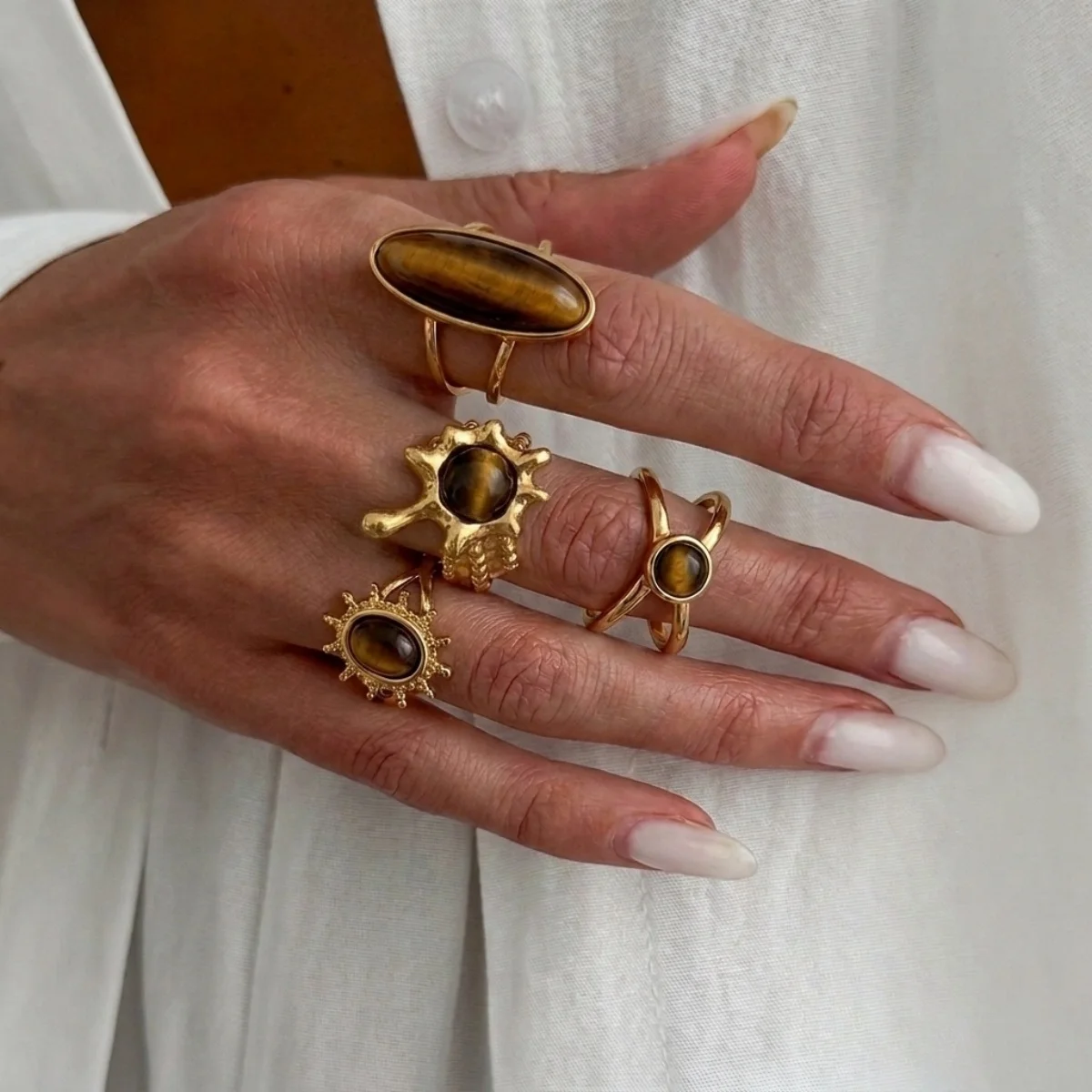 Vintage Maillard Tigerauge-Stein Ovaler Lava-Sonnen-Fingerring für Damen und Herren, Edelstahl, hohler geometrischer Ring, Herbstschmuck – Detail 9