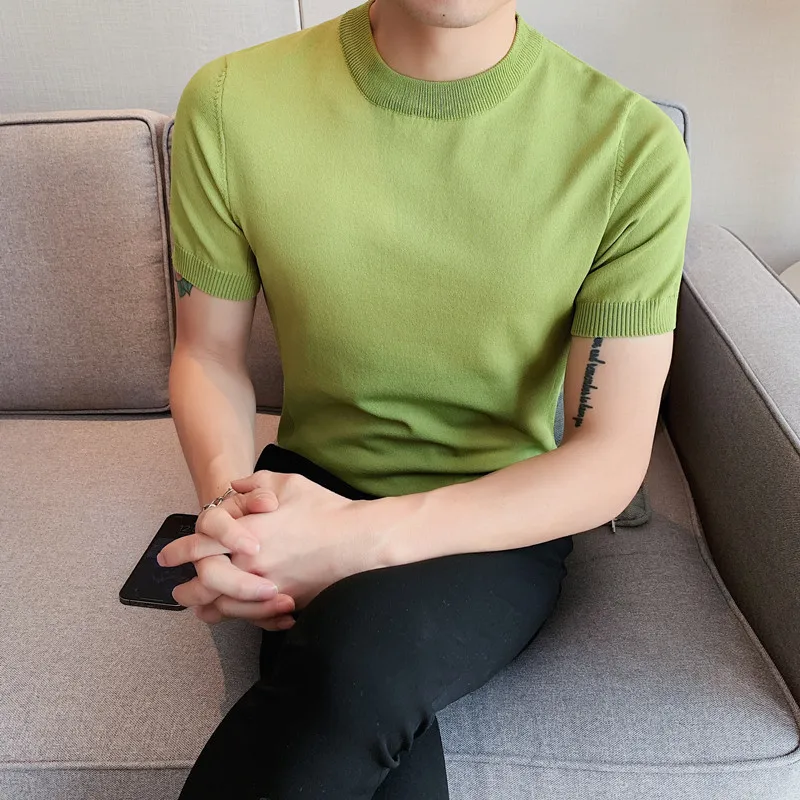 

2023 брендовая одежда, мужские летние высококачественные Повседневные вязаные футболки/мужские облегающие однотонные вязаные футболки с коротким рукавом