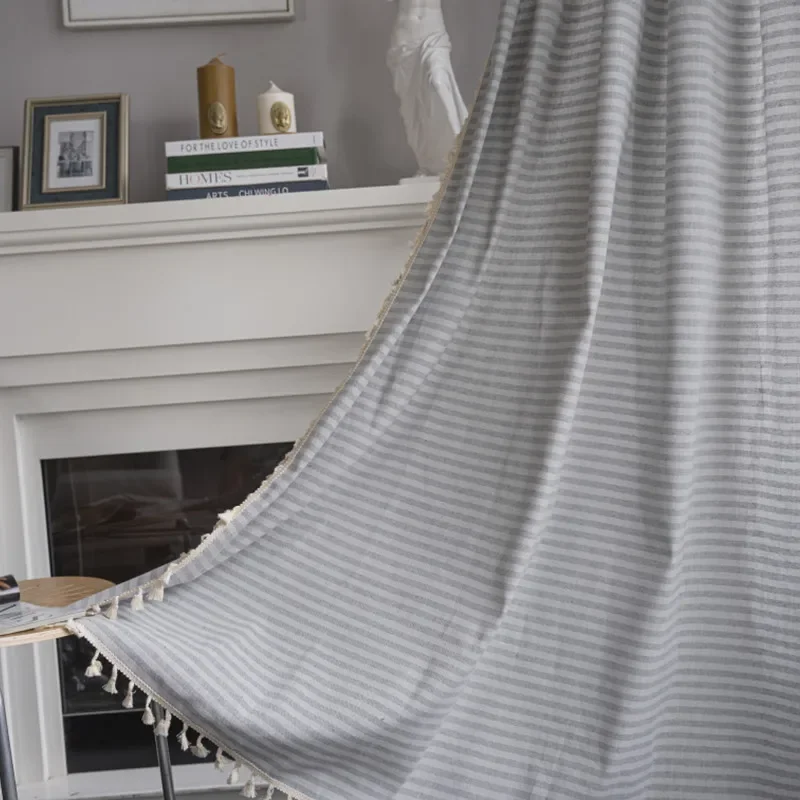 

N1077Cotton and linen striped curtain fabric style gray and white thin strip bedroom rod floating curtain