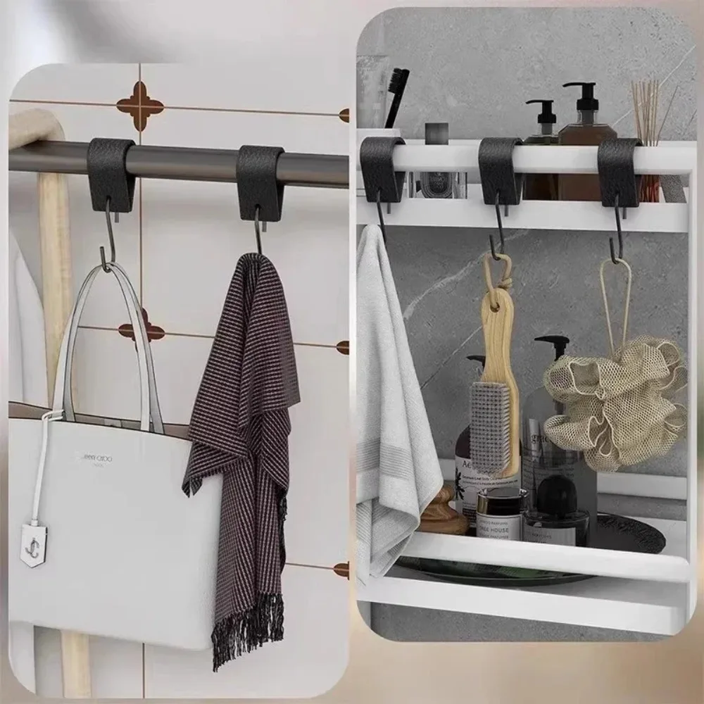 5/10 قطعة حلقة جلدية سوداء S شكل هوك خطاطيف معاطف متعددة الوظائف خطاف تعليق المعاطف لقبعة غرفة نوم المطبخ خطاطيف تعليق