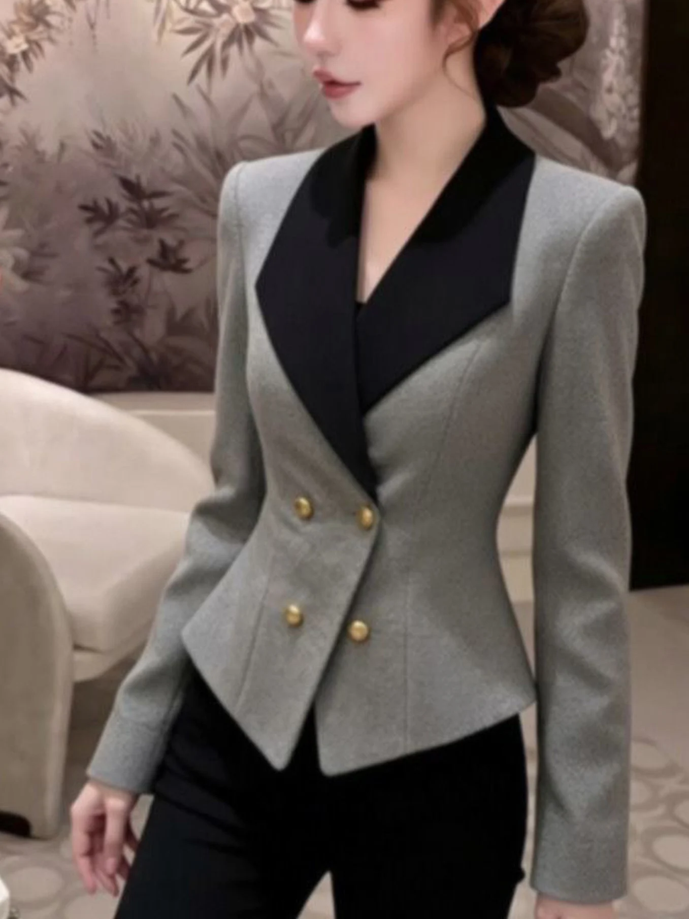 Gray Suit Jacket Women's Stylish Color Block Slimming Collar High End Fashionable Autumn New Arrival Commute Style Long Sleeve