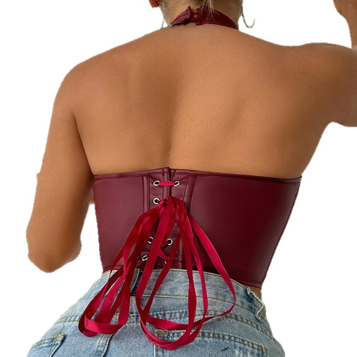 Foamlina moda cor sólida halter espinha de peixe bustier sexy menina quente couro do plutônio frente gancho fivela colete corpo moldar topo