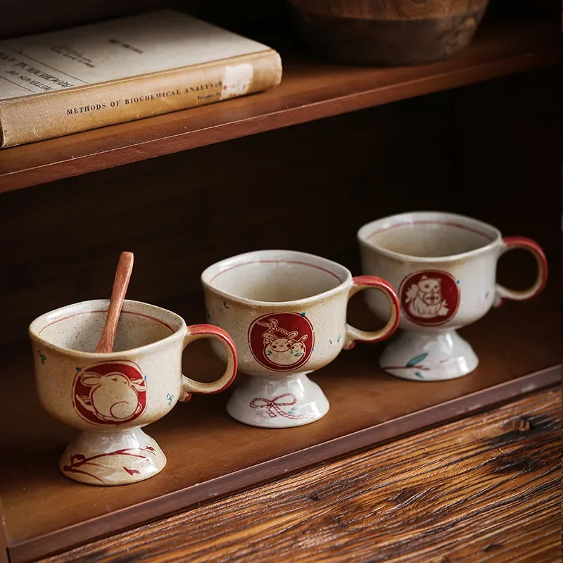 Japanese Retro Kiln Coarse Pottery Coffee Cup High Value Moon Rabbit Ceramic Goblet Afternoon Tea Cup, 250ml