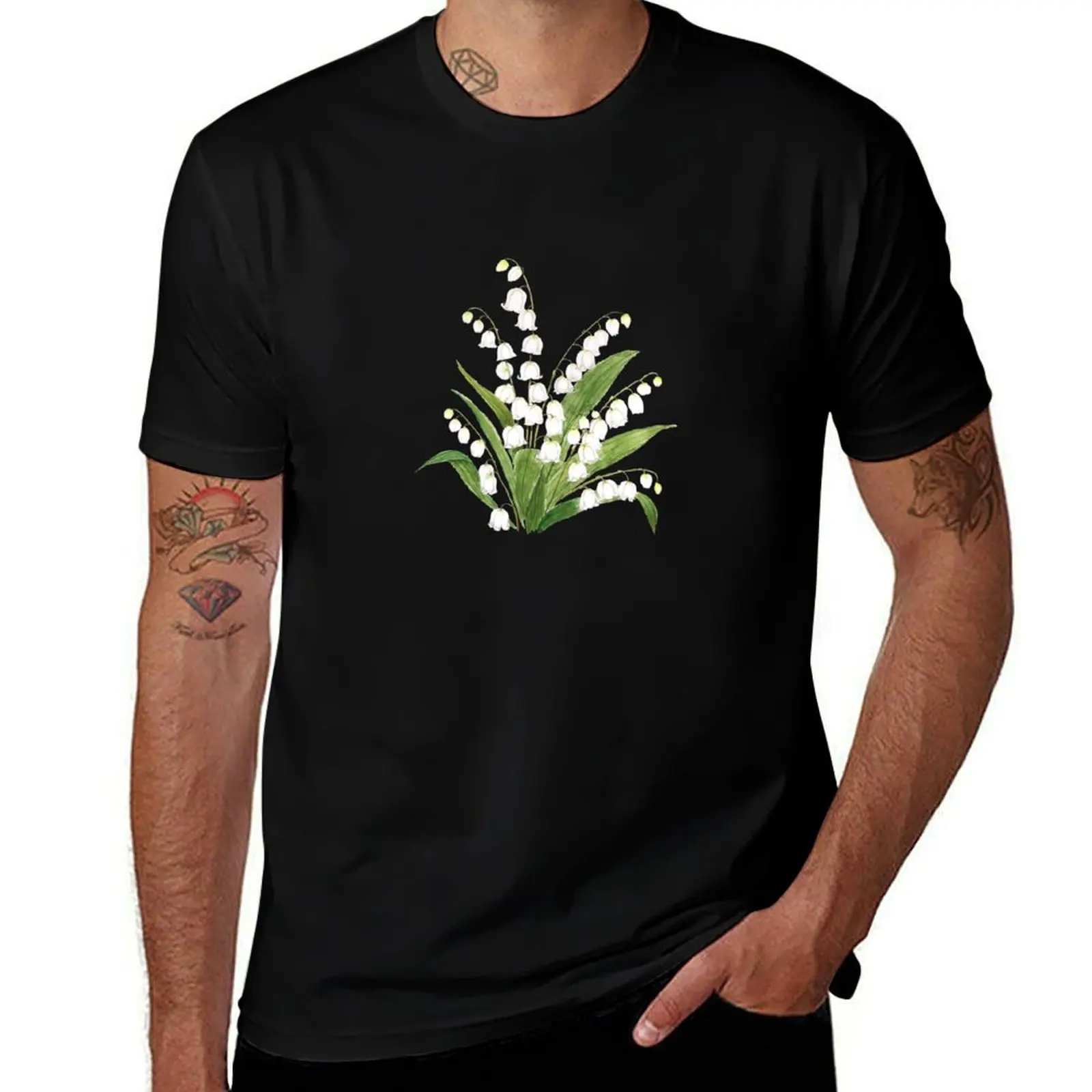 hand painted white lily of valley watercolor T-Shirt oversized quick drying cotton graphic tees customs Short sleeve tee men