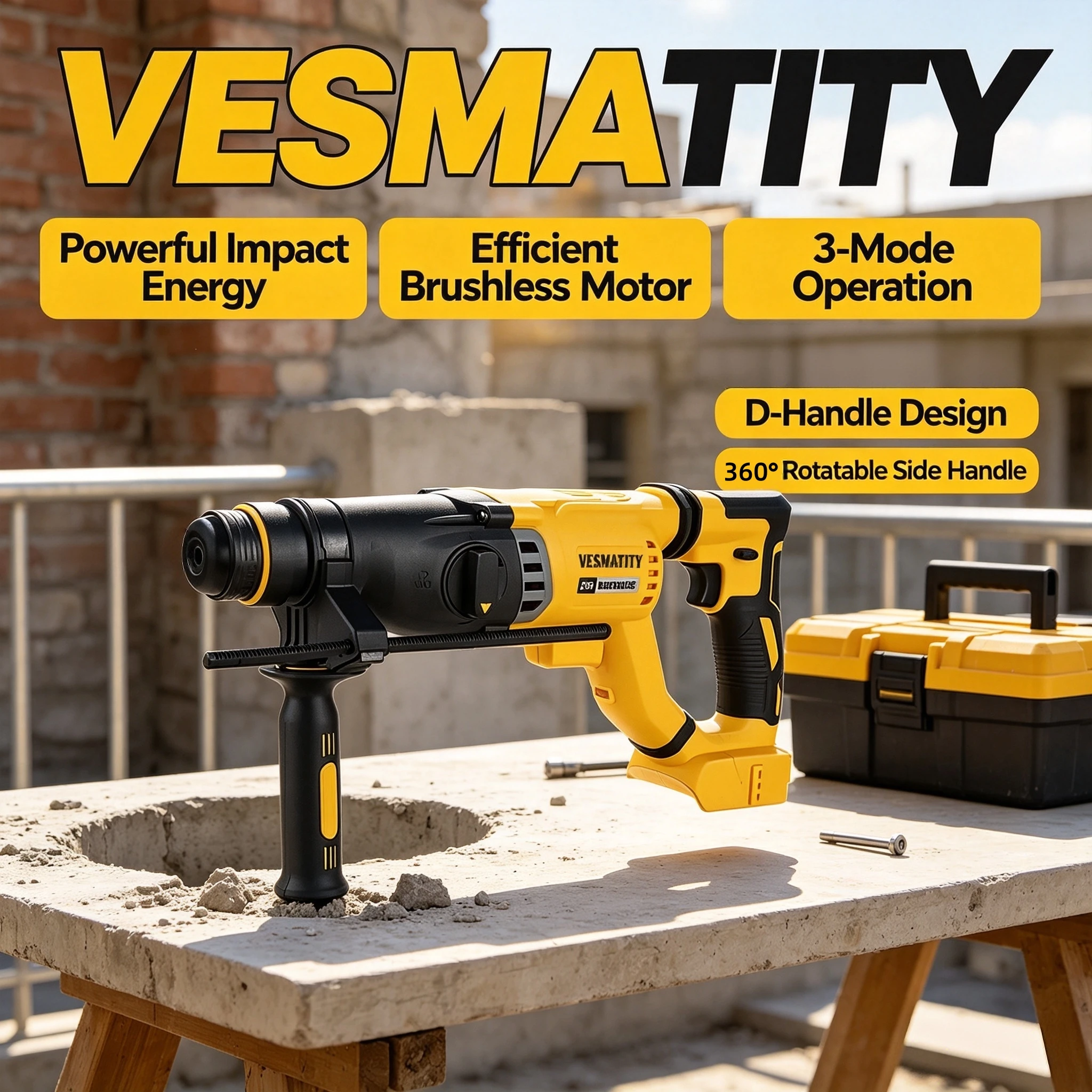 Vesmatity D-Handle Hammer Drill Brushless Cordless SDS PLUS Rotary Electric Wall Concrete Hole Tool 18V 20V Battery Pro Max