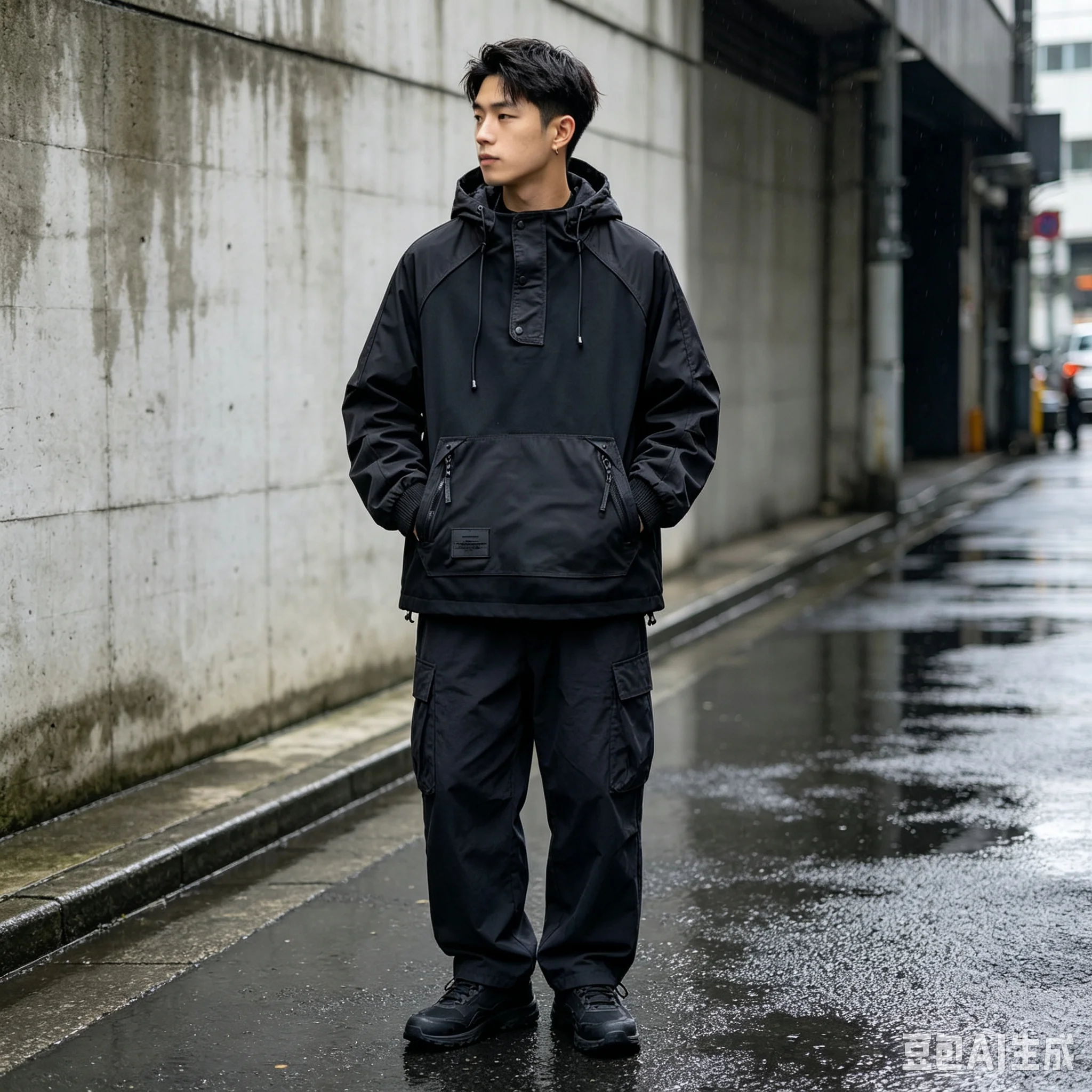 Autumn men's workwear large pocket assault jacket hooded jacket versatile solid color pullover cool casual loose jacket trendy