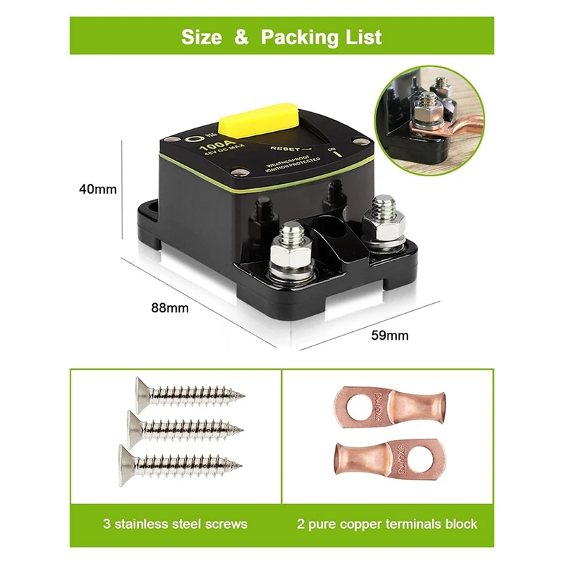 Disjuntor 100 Amp DC 12V-48V Fusível com interruptor de reinicialização manual para motor de corrico de barco marinho de áudio de carro RV