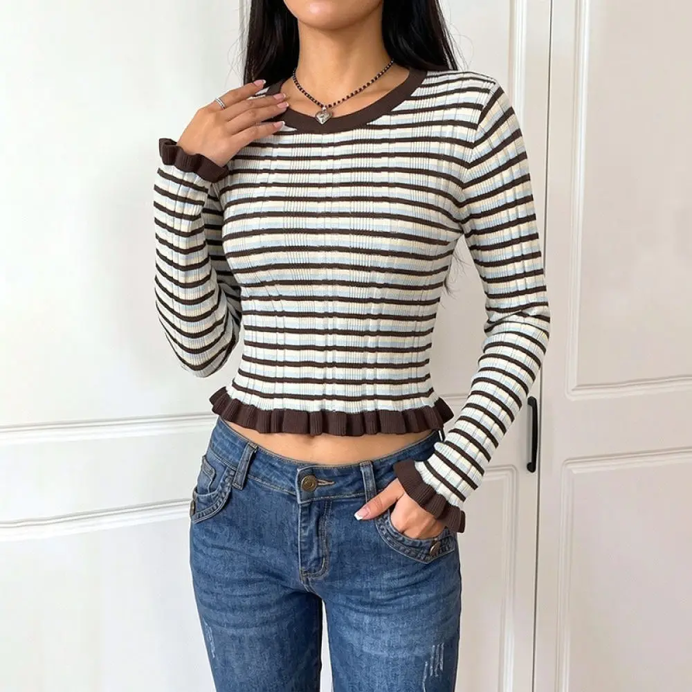 Vintage Style Stripe Sweater Women O Neck Flare Sleeve Pullover Slim Fit Autumn Casual Soft Knitwear Fashion Crop Top