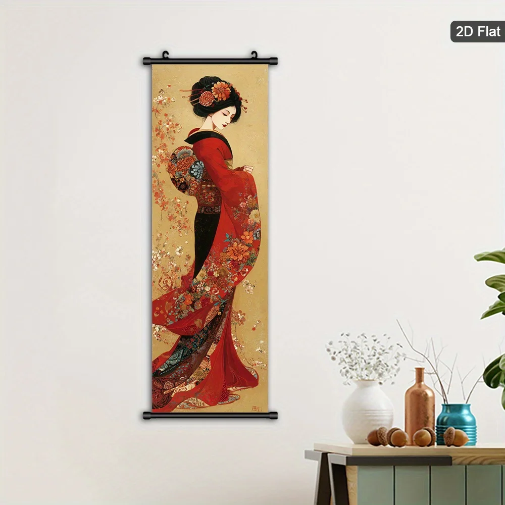 VIKAMA Asian Scroll Wall Art Framed Canvas Vertical Decor for Living Room Bedroom Office Hanging Picture Traditional