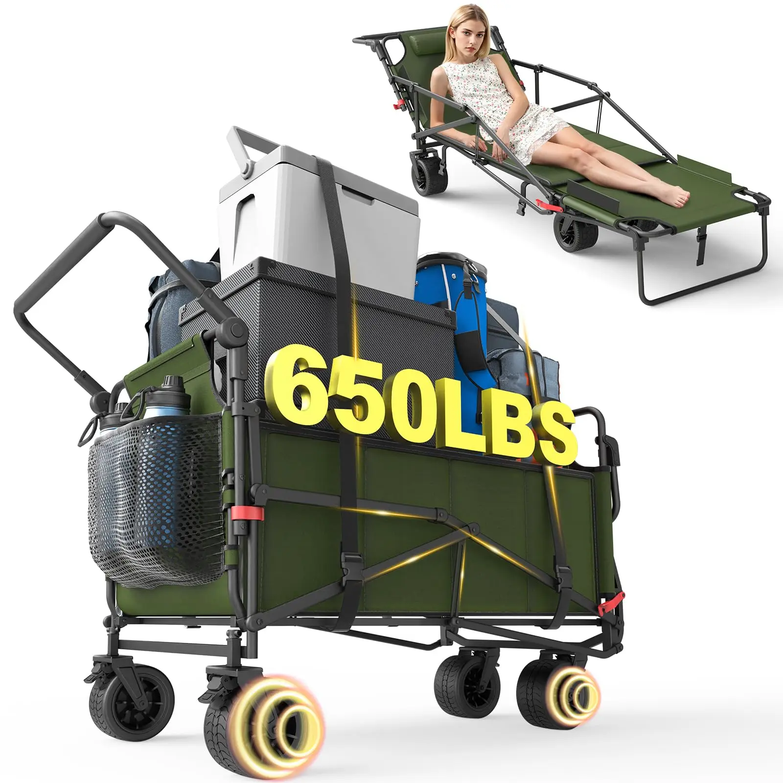 Heavy Duty Folding Wagon - 2-in-1 Collapsible Cart, All-Terrain Wheels w/Brakes & Side Pockets (Army Green,650lb