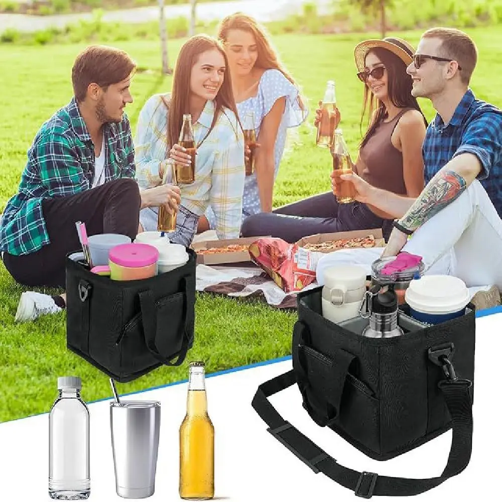 No-Spill Car Drink Carrier Bag Large Capacity Insulated Vehicle Drink Storage Bag Adjustable Strap 4 Compartment