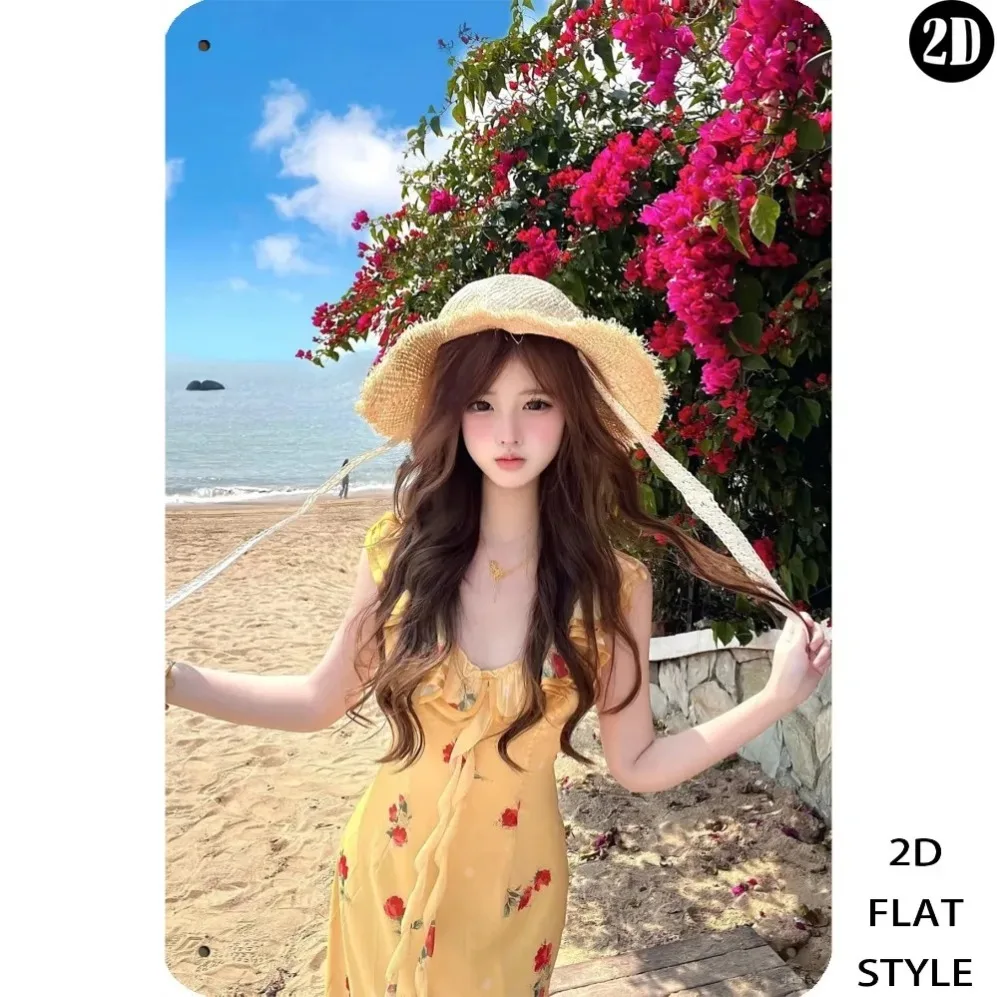

Vintage Yellow Floral Girl Beach Metal Sign 8x12 Inch Retro Home Wall Decor