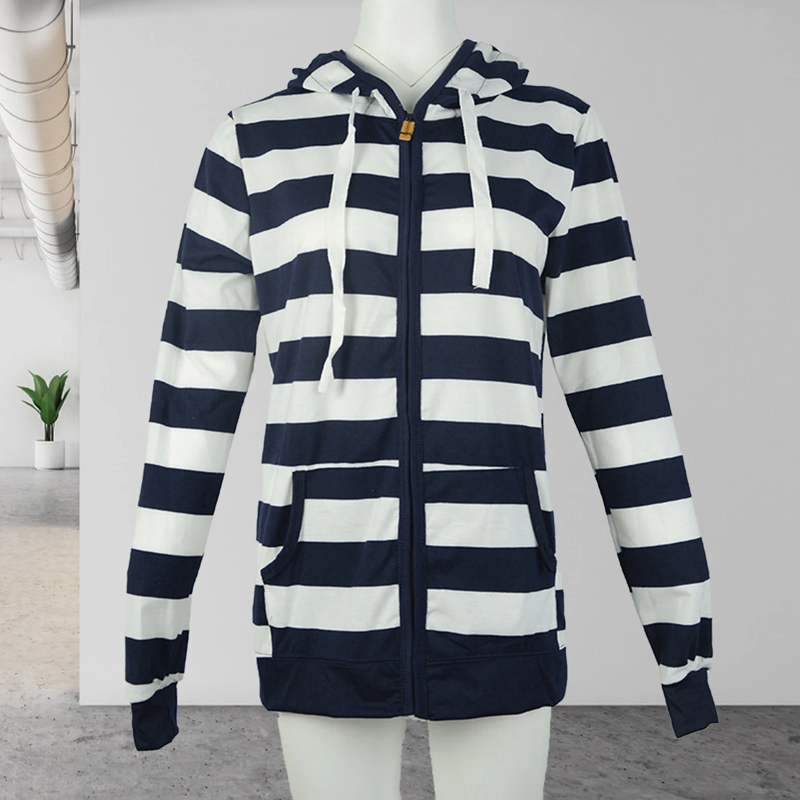 Women Warm Jacket Striped Hoodie Sweatshirt Top Hooded Pockets  Zipper Coat