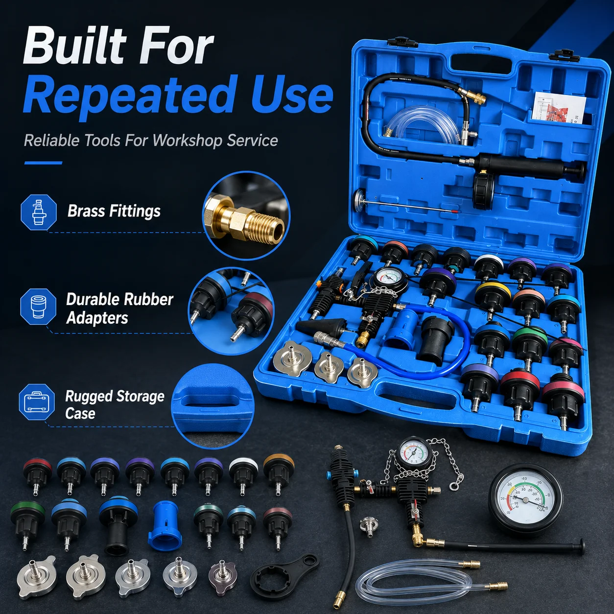 Kit de herramientas de vacío para cambio de refrigerante, probador de presión del sistema de enfriamiento, juego de detección de fugas de radiador de 28 piezas con adaptadores universales, bomba manual y manómetro para reemplazo y mantenimiento de refrigerante de motor de coche, SUV, camión, herramientas y equipos de taller de reparación automotriz.