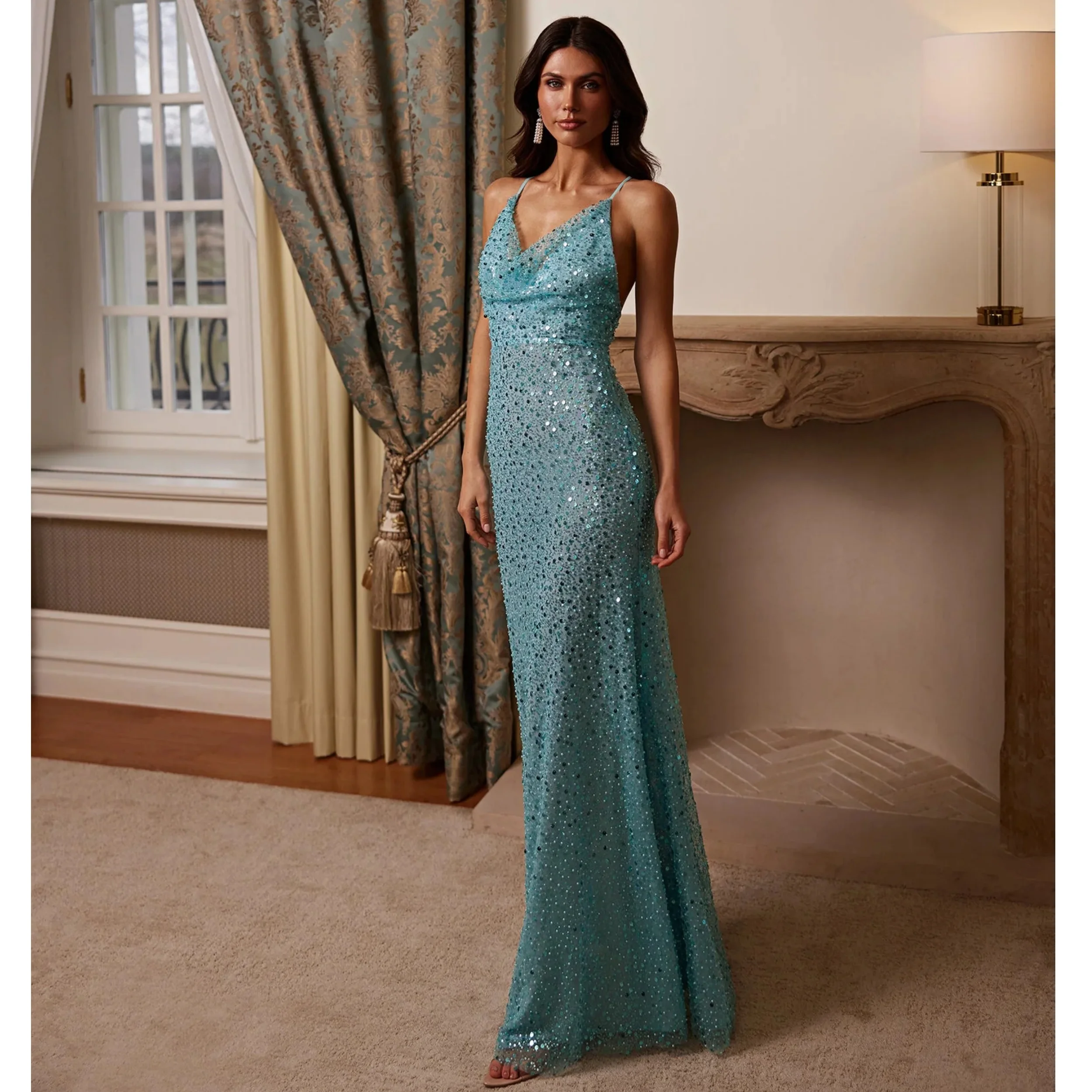 

Linda Mermaid Evening Gowns for Women Sexy Sequines Sleeveless Robe de Soriee Customized Shiny Beaded Beach Prom Party Dress