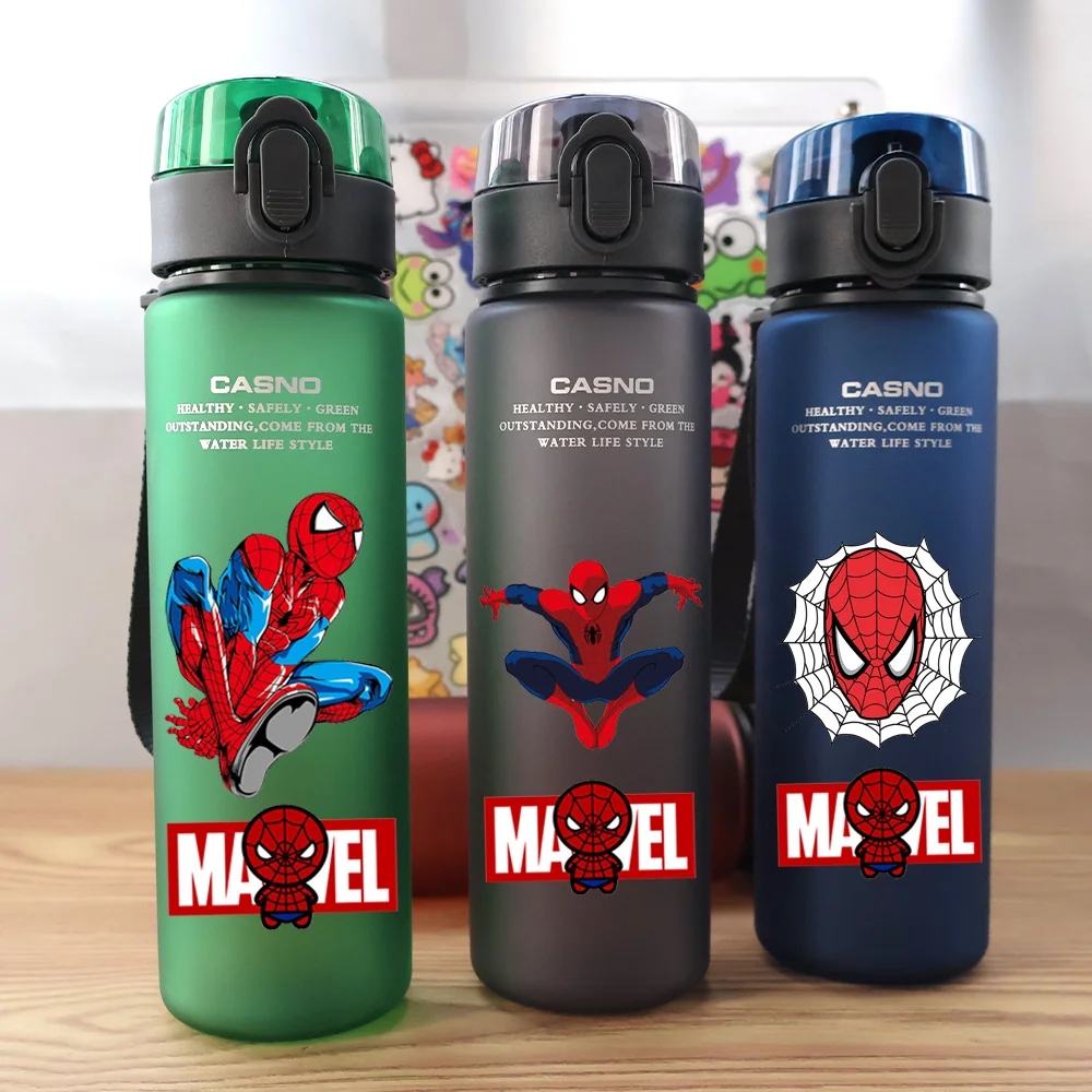 Taza de agua de Spiderman de 560ML, botella de agua portátil de plástico para deportes al aire libre, taza de agua potable para senderismo