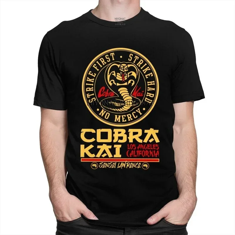 Trendy Cobrraa Kai Men Tees The Karate Kid Male Tshirt Hombre Fashion Kid Strike First Strike Hard No Mercy Masculinas cotton