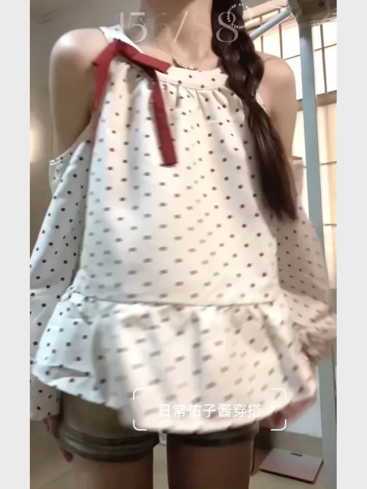 

Preppy Style Polka Dot Halter Tops Women Japanese Sweet Off Shoulder Long Sleeve Shirts Spring Summer Casual Blouses