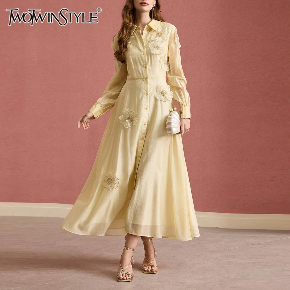 

TWOTWINSTYLE Solid Slimming Spliced Single Breasted Midi Dresses for Women Lapel Long Sleeves Patchwork Applique Dress Female