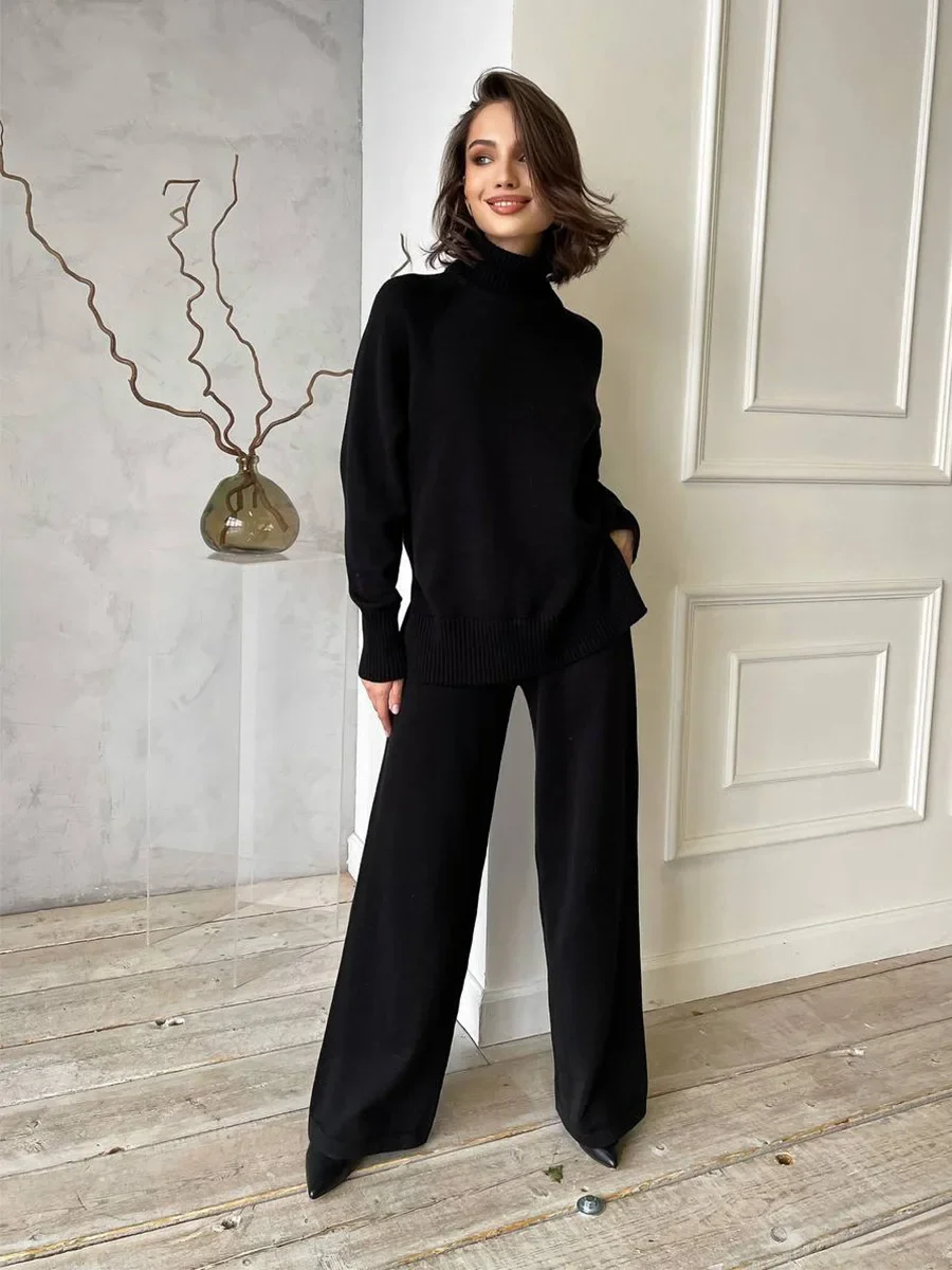 Blubelle Damen-Set, neuer Herbst-Winter-Rollkragenpullover, Strickpullover, weites Bein, Hose, 2-teiliges Set, weicher Stoff, lockere Passform, elastische Taille