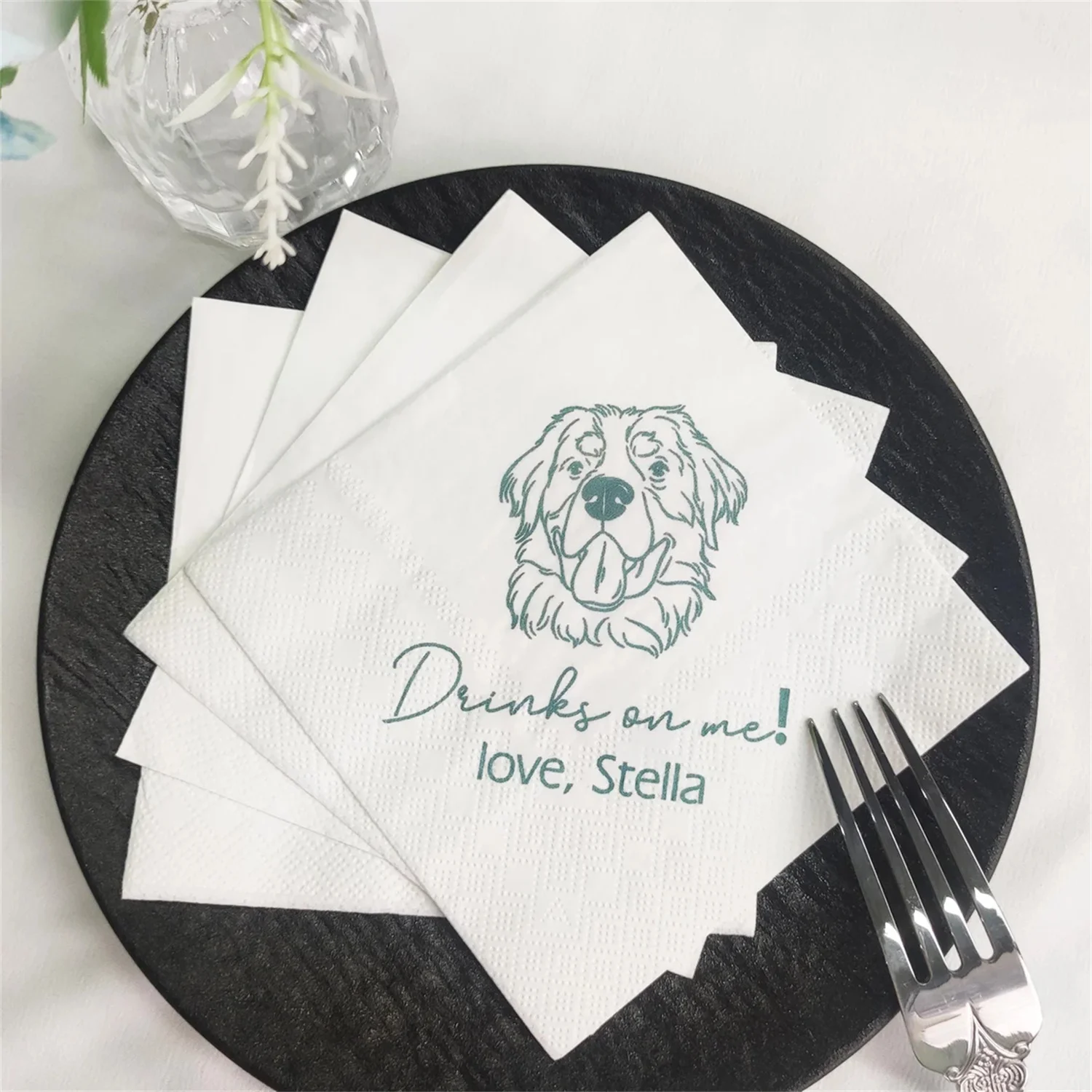 50 PCS Custom Illustrated Dog Wedding Napkins, Personalized Pet Cocktail Napkins, Cat Wedding Napkins, Dog Cocktail Napkins, Eng