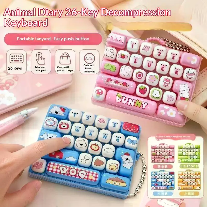 Cute 26 Grid Keycap Keychain Cartoon Animal Diary Pattern Stress Relief Accessory for School Bag Gift